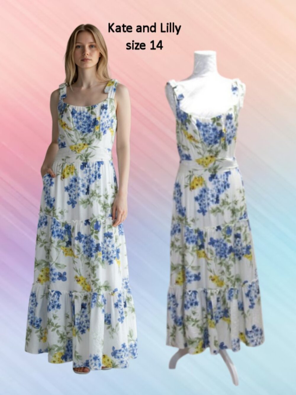 Kate and Lily size 14 women midi dress white blue floral layered sleeveless